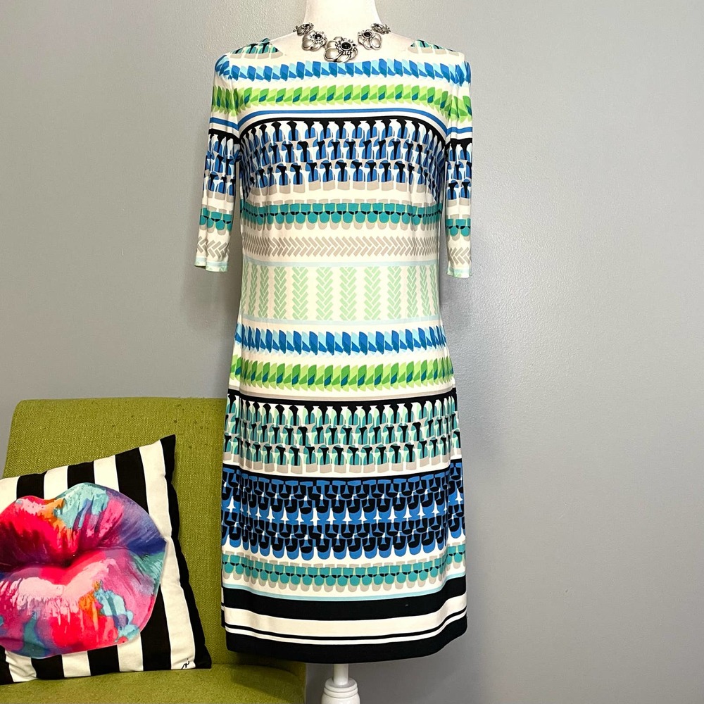 Eliza J Blue Green Cream Geometric Striped Shift Dress 8 Cocktail Work